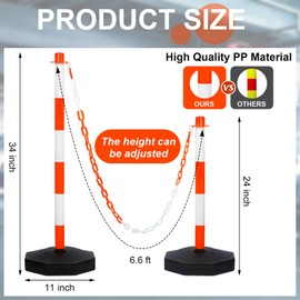 Amylove 12 Packs Traffic Delineator Post Cone with Base, Traffic Cones Safety Cones Caution Cones Plastic Stanchion Chain Safety Barriers with 6.6 Feet Link Chain and S Hooks for Parking Lot (Orange)