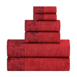 Superior 6 Piece Cotton Towel Set, Floral Jacquard Dobby Border, Quick Dry, Decorative Bathroom, Shower, Bath, Includes 2 Body, 2 Hand, 2 Face Towels/Washcloths, Wisteria Collection, Garnet Red