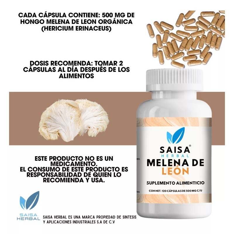 Saisa Herbal Melena De León 100% Pura Premium 120 Cápsulas