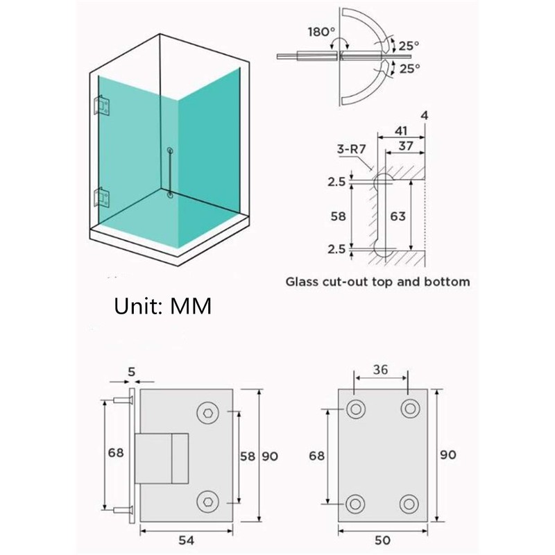 JU+ 90 Degree Glass Door Wall Hinges Shower Room Accessories