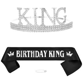 Black Silver Birthday Crown Sash Men Birthday Decoration Rhinestone Birthday Tiara King Crown Crystal King Tiara Birthday Sash Father Birthday Decoration Party Clothing Accessories