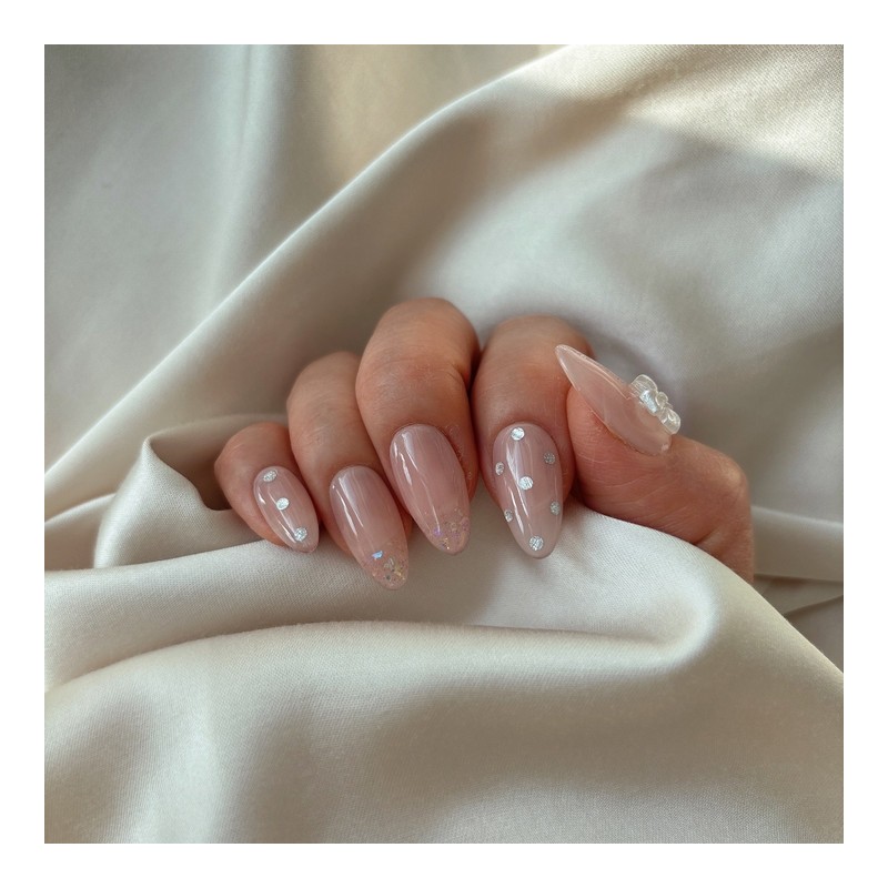 Pink nude tone wedding nail tips twinkle dot ribbon parts,