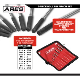 ARES 10021 – 9-Piece Roll Pin Punch Set – Durable Heat Treated and Drop Forged Steel Pin Punches with Pouch -Ideal for Automotive Repair, Gunsmithing, Craft Work, and Jewelry Repair