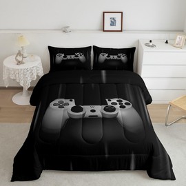Feelyou Boys Gamer Comforter Set Full Bedding Set for Boys Kids Gaming Comforter Gray Black Video Games Bed Set Teen Child Gamer Room Decor Super Soft Game Geometric Duvet Quilted Gamer Gift