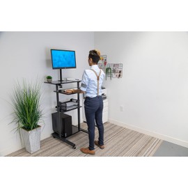 Mount-It! Rolling Adjustable Stand-Up Desk with Monitor Arm - Mobile Computer Workstation & Presentation Cart, in Black Color (MI-7942B)