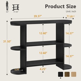 Gewudraw 39” Console Table with Storage, 3 Tier Entryway Table with Round Corners, Industrial Narrow Sofa Table Behind Couch for Living Room, Hallway, Entryway,Black