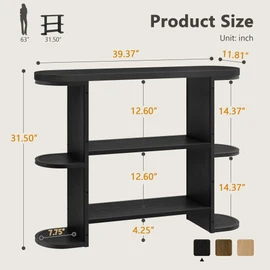 Gewudraw 39” Console Table with Storage, 3 Tier Entryway Table with Round Corners, Industrial Narrow Sofa Table Behind Couch for Living Room, Hallway, Entryway,Black