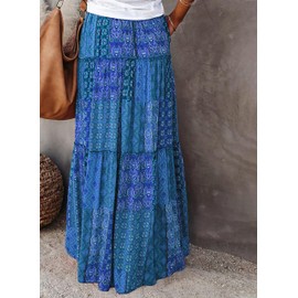 Timuspo Maxi Skirt Women's Long Elegant Boho Skirt Casual Midi Skirt A-line Plain Summer Skirt Skirts with Pockets Elastic High Waist Beach Skirt Casual Skirt, Boho Dark Blue