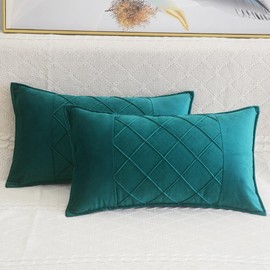 Lutanky Velvet Cushion Covers Peacock Green Decorative Rectangle Throw Pillow Cases Patchwork Design Soft Pillow Covers for Sofa Bedroom Home Accessories 12x20 Inch 30 x 50 cm (Pack of 2)