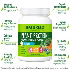 NATURELO Plant Protein Powder, Vanilla, 22g Protein - Non-GMO, Vegan, No Gluten, Dairy, or Soy - No Artificial Flavors, Synthetic Coloring, Preservatives, or Additives - 20 Servings