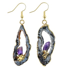 mookaitedecor Natural Agate Geode Druzy Quartz Dangle Drop Earrings for Women Healing Crystal Boho Jewellery Gift, Bohemian Boho Fancy Amethyst Earrings Dangly Black Semi Precious Stone Earrings