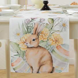 meioro Easter Rabbit Eggs Table Runner, 30 x 120 cm Spring Holiday Table Linen, Fashion Flower Rabbit Tablecloth, Easter Egg Table Decoration for Indoor and Outdoor Kitchen Dining Room Home Party