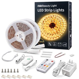 MY BEAUTY LIGHT LED Strip Lights Warm White,32.8ft Dimmable LED Light Strip with RF Remote,600 Bright 3000K 2835 LEDs,Plug-in Adhesive Rope Lights with Timing Mode for Living Room Bedroom Kitchen