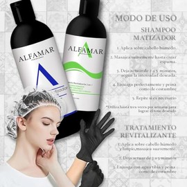 Kit Shampoo Matizador Platinum bleu + Tratamiento Keratina 2 en 1 Sin Sal uso profesional, Neutraliza Tonos Amarillos y Repara Cabello Decolorado + Gorro de Baño y Guantes ALFAMAR