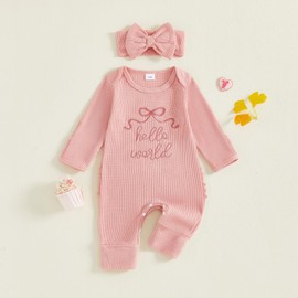 Baby Girl Winter Clothes Newborn Going Coming Home Outfit Ruffle Mitten Sweater Romper Cute Knitted Jumpsuit (Hello World Pink, Newborn)