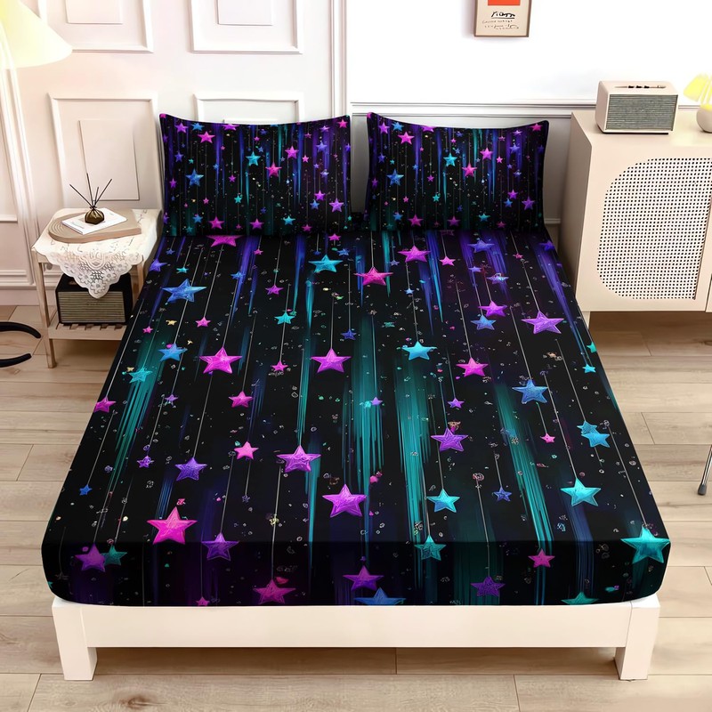 UEVBF Colorful Stars Fitted Sheet Set Queen Size,Glitter Starry Printed