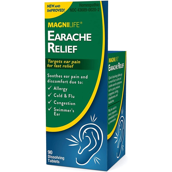 MagniLife Earache Relief Soothes Discomfort, Itching & Ear Pain from Allergies, Cold, Flu, Congestion & Swimmer's Ear with Lycopodium and More - Quick-Dissolve Fast-Acting - 90 Tablets