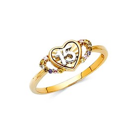 The World Jewelry Center 14k Yellow Gold Solid Pave-Set Multi-Color 15 Anos Quinceanera Heart Design Fashion Ring - Size 6.5