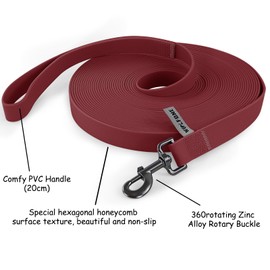 Wolfone Recall Lead for Dogs, 15 m, Dark Red, Waterproof, Long Recall Dog Lead with Non-Slip Handle, Heavy Duty Robust Training Dog Lead for Outdoor Activities