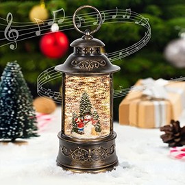 Christmas Snow Globe Lantern Musical,6H Timer Cylinder Glitter Snow Globe ,Bronze Snow Globes Christmas with Music Box Including 8 Songs, Christmas Snow Globe with Xmas Snowman and Christmas Tree