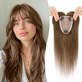 TESSHAIR Human Hair Topper with Bangs, 100% Remy Toppers Hair Pieces for Women, No Tangle & Smooth, Clip in Bangs 14 Inch #04 Medium Brown