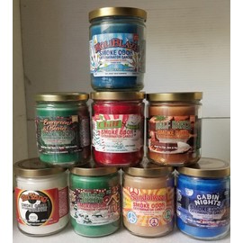 Smoke Odor 13 oz Jar Candles Holidays & Christmas Variety Fragrances Set of Eight candles Holiblaze, Evergreen & Berries, Yin Yang, Jolly Joint, Sandalwood, Cabin Nights, Half Baked & Chill.