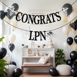 Congrats LPN Banner, Nurse Graduation Decorations, Nursing School Survivor, 2025 Medical Nursing School Graduation Party Decorations, Black and Silver Glitter
