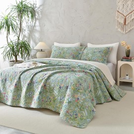 Sanracie Oversized Queen Size Quilt Bedspread Set(102"x118"), 100% Cotton Green Flower Bird Butterfly Print Botanical Quilted Bedding Set 3Pcs Lightweight Breathable Bedspreads for All Seasons