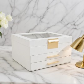 GOXIFACHOY 3-Layer Jewelry Box for Women, Jewelry Organizer with Glass Lid and Drawers