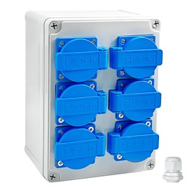 Wall Distributor Power Distributor 6 x 220 V, Waterproof Class IP54, Flame Retardant Technical Plastics, Surface-Mounted Distributor for Indoor / Outdoor Use
