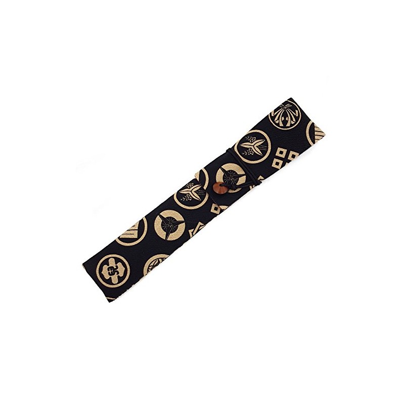 Hand Fan in Black X Beige Crest Pattern Chopsticks Bag