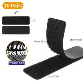 BESTAPE 16 Sets 1 x 3 inch Adhesive Hook and Loop Fastener Strips, Heavy Duty, Strong Back Adhesive, Double-Sided Hook and Loop for School, Classroom, Office, and Home Use, Black