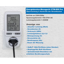 Energy Cost Meter, Consumption Meter for Socket - with Display up to 3600 Watt Tariff, Adjustable Electricity Cost Control, White