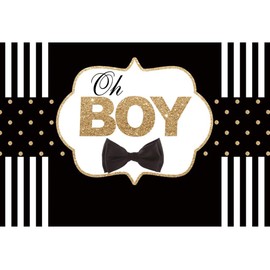 Haoyiyi 8x6ft Baby Shower Backdrop Oh Baby Black Bow Tie Gentleman Gold Glitter Dot Black and White Striped Photography Background Newborn Infant Gender Reveal Party Wallpaper Decor Photo Shoot Props