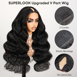 SUPERLOOK V Part Wig Human Hair Body Wave Glueless Wigs Human Hair Clip in V-Part Wigs Beginner Friendly No-Sew In No Glue Upgrade U Part Human Hair Wig 210% Density (22Inch,V Part Body Wave Wigs)