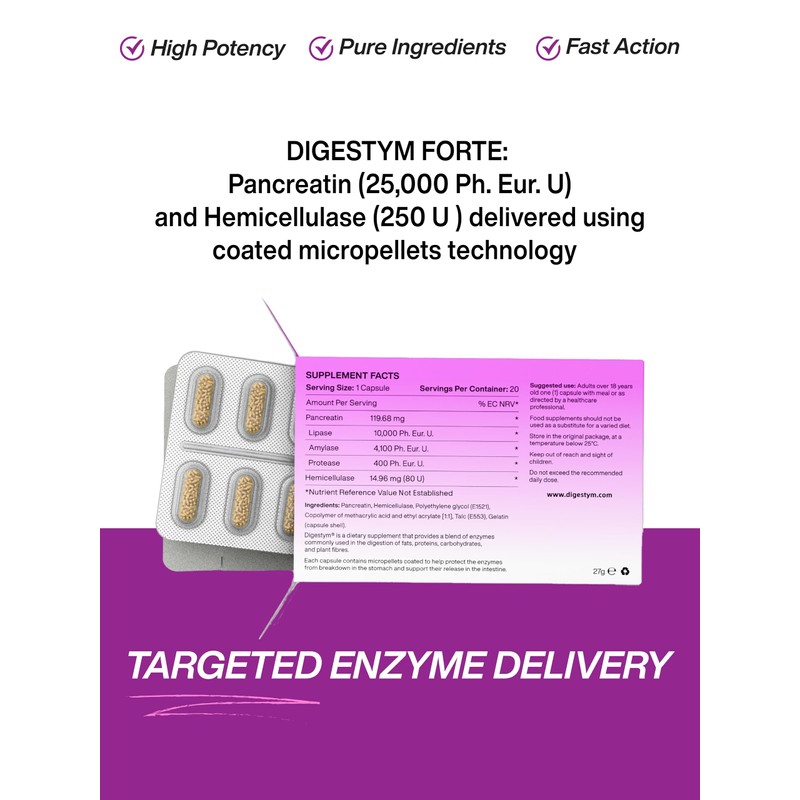 Digestym® Forte High-Strength Digestive Enzyme Complex with Pancreatin, Hemicellulase, 20
