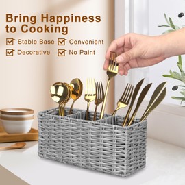 Ayiaren Gray Wicker Cutlery Silverware Holder Utensil Organizer Holder for Kitchen Counter Flatware Caddy for Party Table Silverware Organizer Caddy Spoon Knives Fork Holder Utensil Caddy