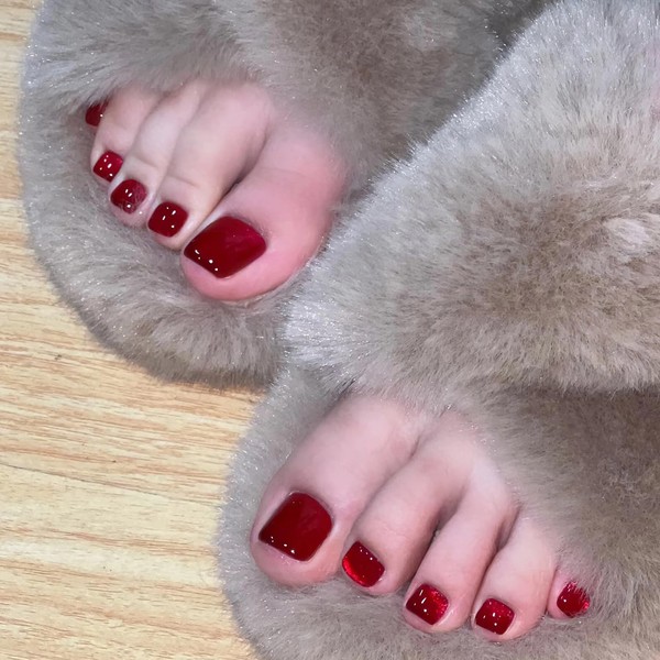 MISUD Red Press on Toenails Glossy Fake Toe Nails Glue