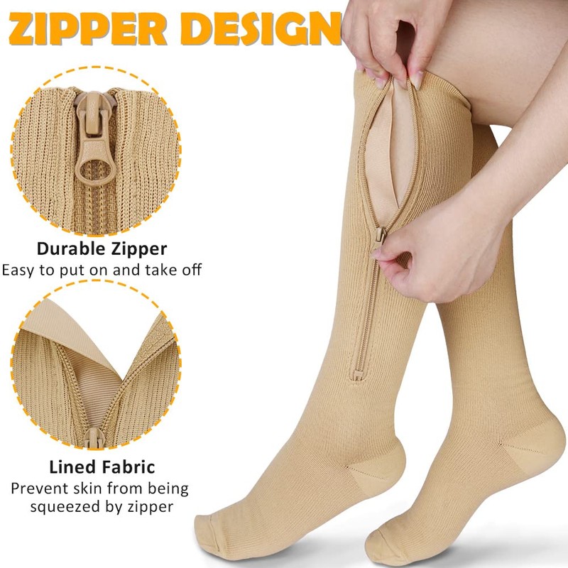 CASMON 2 Pairs Zipper Compression Socks for Women & Men,15-20