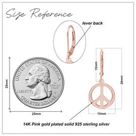Peace Sign Lever Back Dangle Earrings Jewelry For Women In 14k Rose Gold Over Sterling Silver