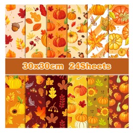 PUIKSXER 24 Pcs Fall Scrapbook Paper 12" x 12" Autumn Pattern Paper Pumpkin Maple Leaves Double-Sided Craft Origami Paper for Thanksgiving Harvest DIY Decorative Background Card Making Scrapbook