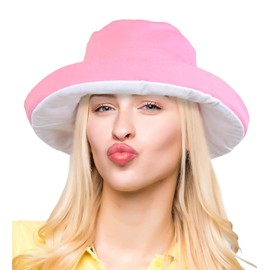 Women's Large Sun Bucket Hat Reversible UV Protection Travel Beach Cap Foldable Pink