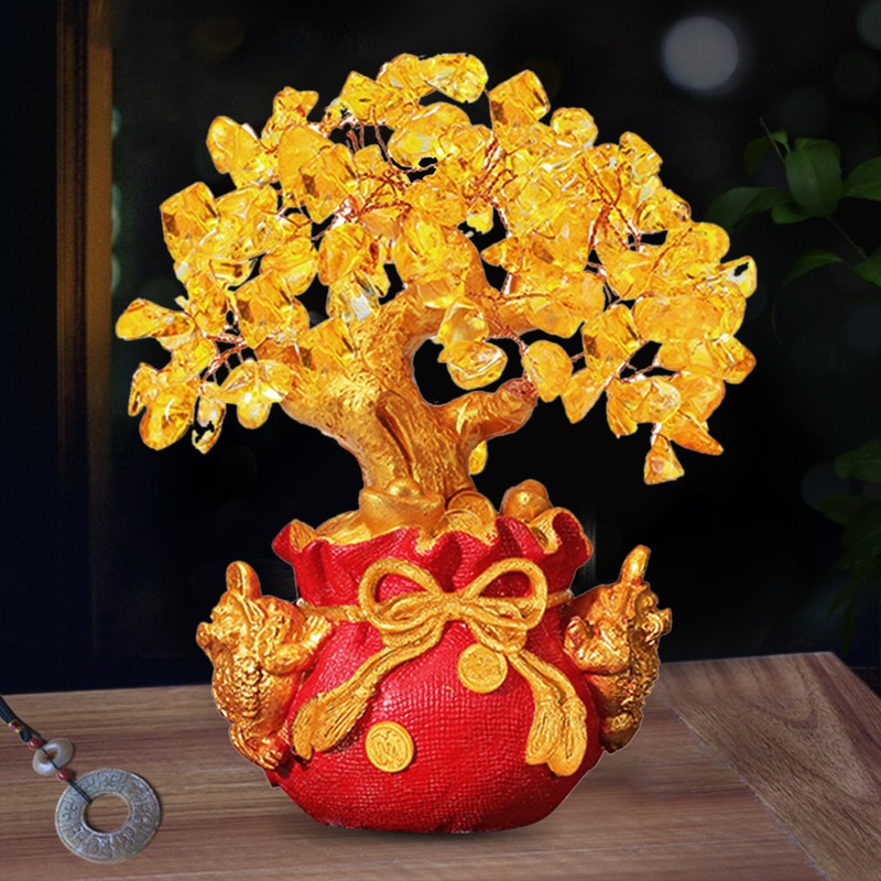Yellow Quartz Crystal Money Tree Double Golden Toads Bonsai Style