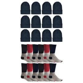 Yacht & Smith 24 Pack Mens Winter Hat Sock Kit - 12 Pairs Thermal Socks + 12 Black Beanies, Winter Kit Men, Bulk Wholesale
