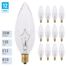 KOR (Pack of 12) 25 Watt CTC Clear Candelabra Base (E12) Straight Torpedo Tip 120V Incandescent Chandelier Light Bulbs