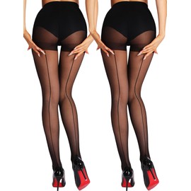 HONENNA Backseam Sheer Tights for Women 2 Pairs High Waist Patterned Cuban Heel Pantyhose With Control Top