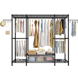 Ulif E3 Heavy Duty Garment Rack, 4 Tiers Freestanding Closet Organizer System with 5 Shelves, Metal Closet Organizer and Storage System for Clothes, Max Load 650lbs, 57.1"W x 14.5"D x 77.3"H, Black