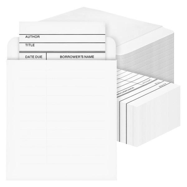 Best Paper Greetings 200 Piece Set of 100 Self Adhesive Library Card Pockets and 100 Due Date Cards for Book Checkouts, Classroom Supplies (3 x 5 In)