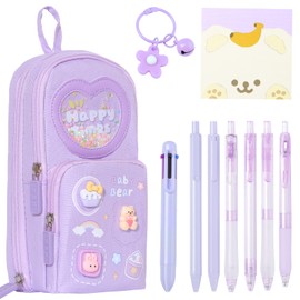 Raveparty Special Pencil Case, Aesthetic Pencil Case, Kids Girls Pencil Cases with Compartments Pen Sticky Notes Keychain for Girls Back to School (Purple)