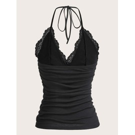 MakeMeChic Women's Halter Top Y2K Lace V Neck Ruched Low Cut Halter Tank Tops Camisole Tops A Black M